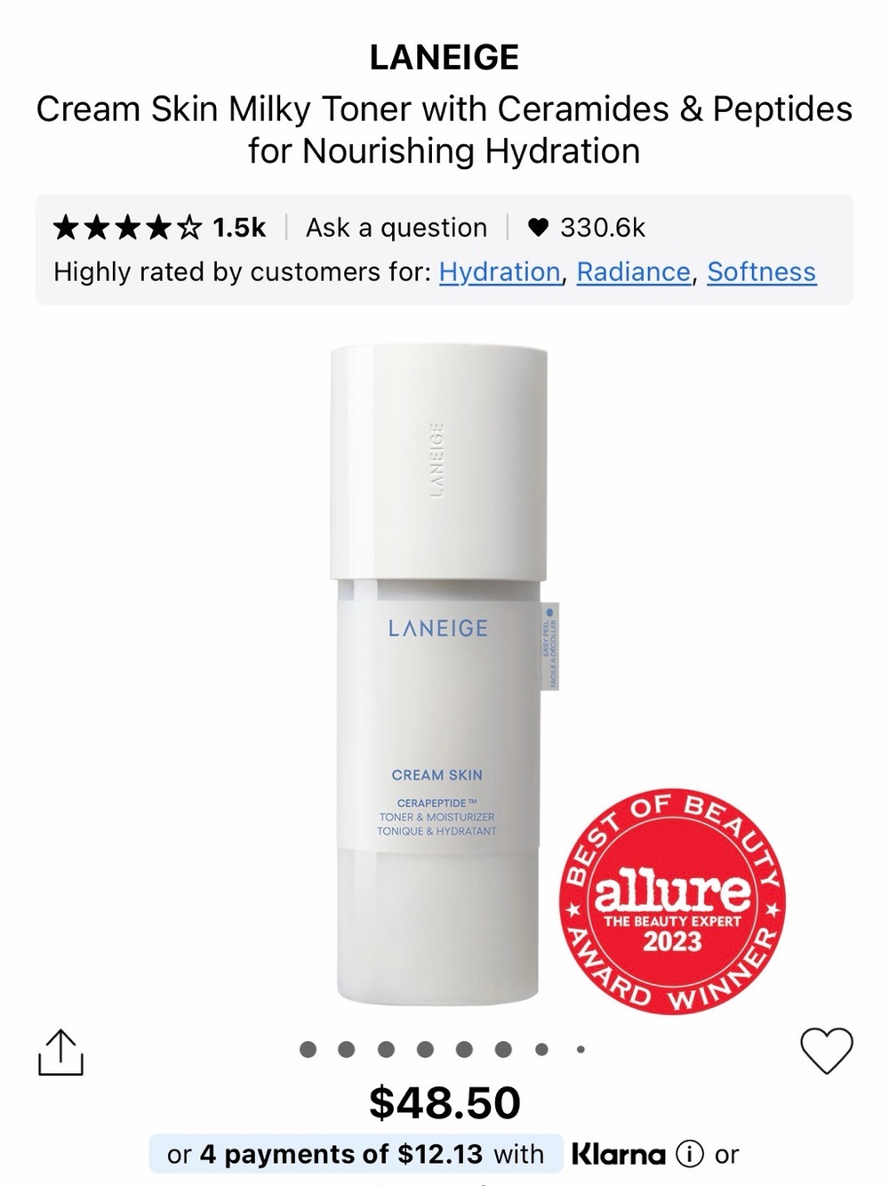 LANEIGE Cream Skin Milky Toner in White